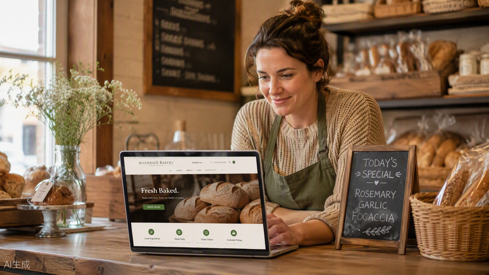 Small business owner reviewing her affordable small business website design with online ordering built by a web design services provider
