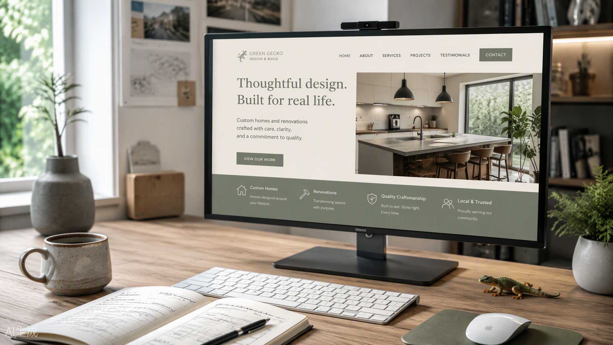 Affordable small business website design services workspace showing a custom HTML web design on a designer's monitor